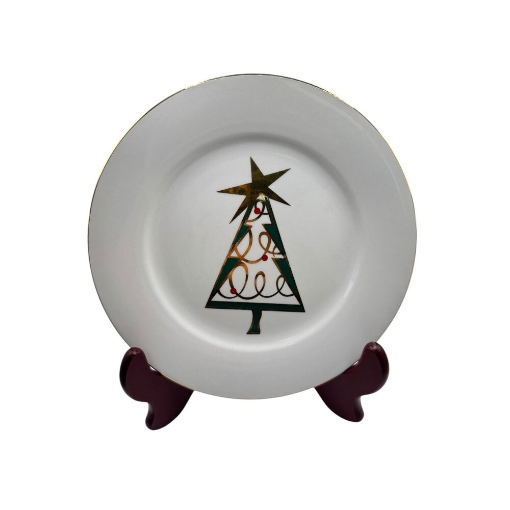 Pier 1 Porcelain Christmas Tree Dinner Plate 8.5" Exclusive Design Hand Wash Rec